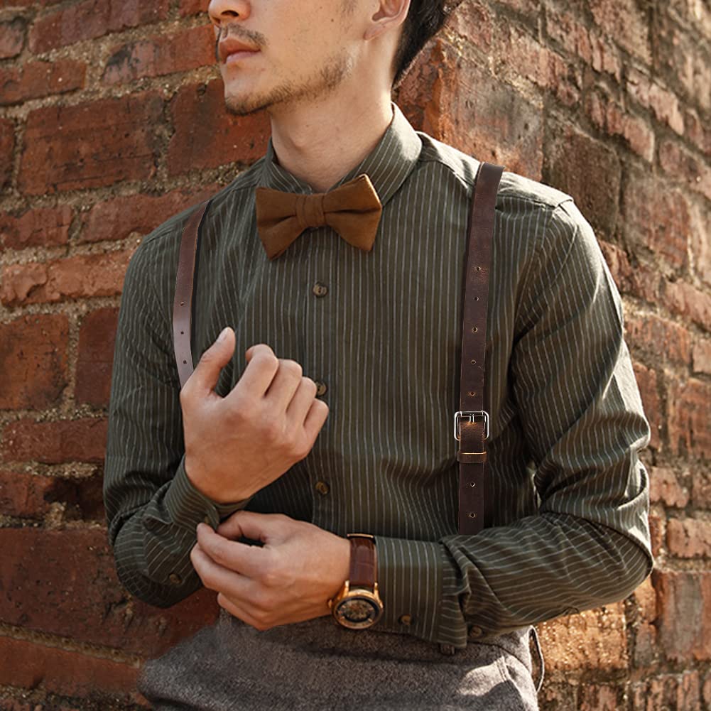 Ringsun Genuine Leather Suspenders for Men, Y Design Hidden Suspenders Under Clothes with 3 Snap Loop, Adjustable Accessories for Men Wedding & Party Essentials, Dark Brown
