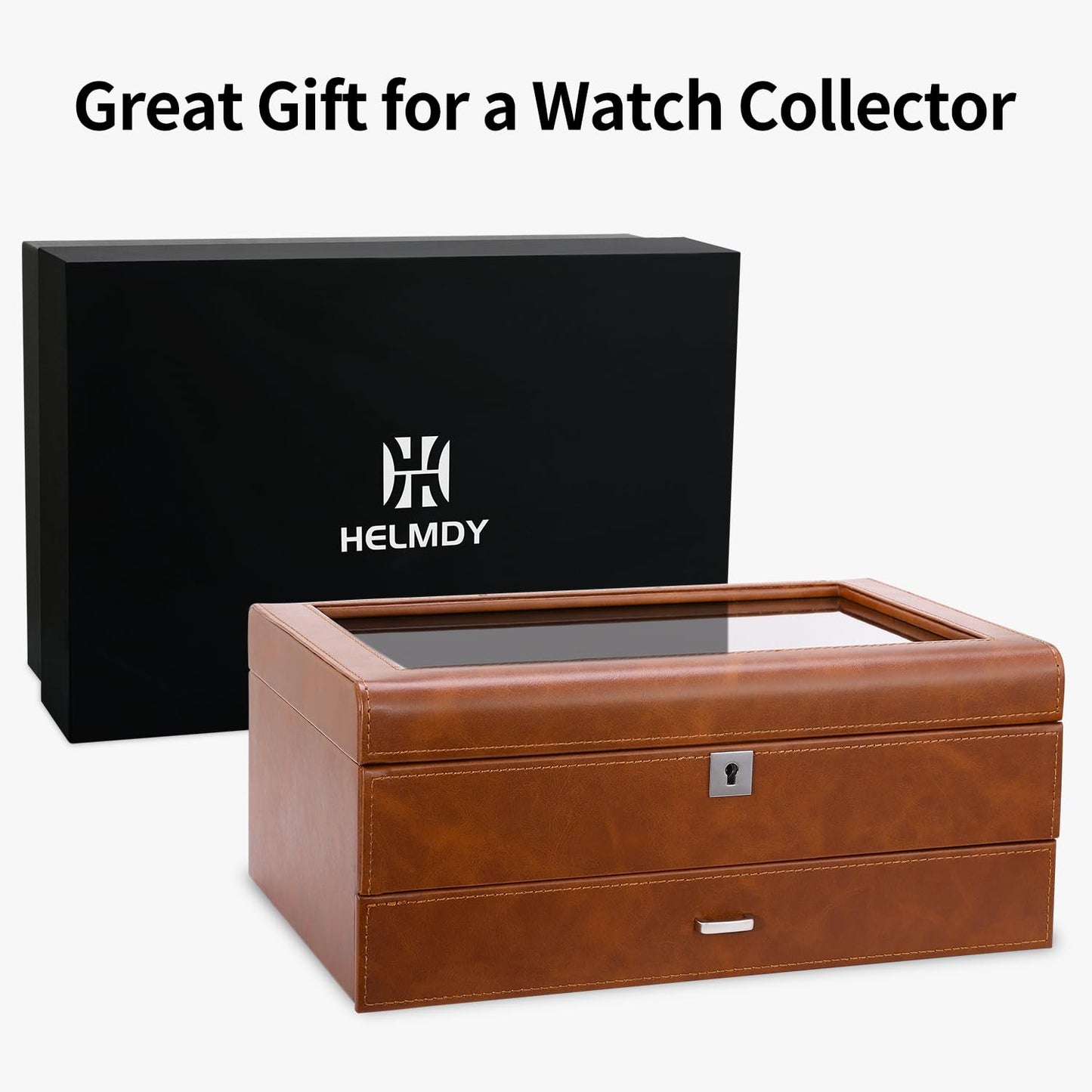 HELMDY Leather Watch Box with Drawer-10 Slots Locking Jewelry Watches Holder for Men-Luxury Watch Case Display Organizer-2 Tier Organizer Watch Showcase-Storage Case