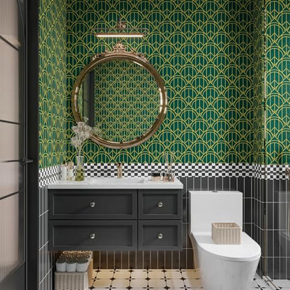 CHIHUT Teal and Gold Lines Wallpaper Peel and Stick Semicircles Triangles Geometric Shapes Wallpaper for Bedroom Living Room Wall Decor Self Adhesive Art Deco Contact Paper for Cabinets 17.7¡±x100¡±