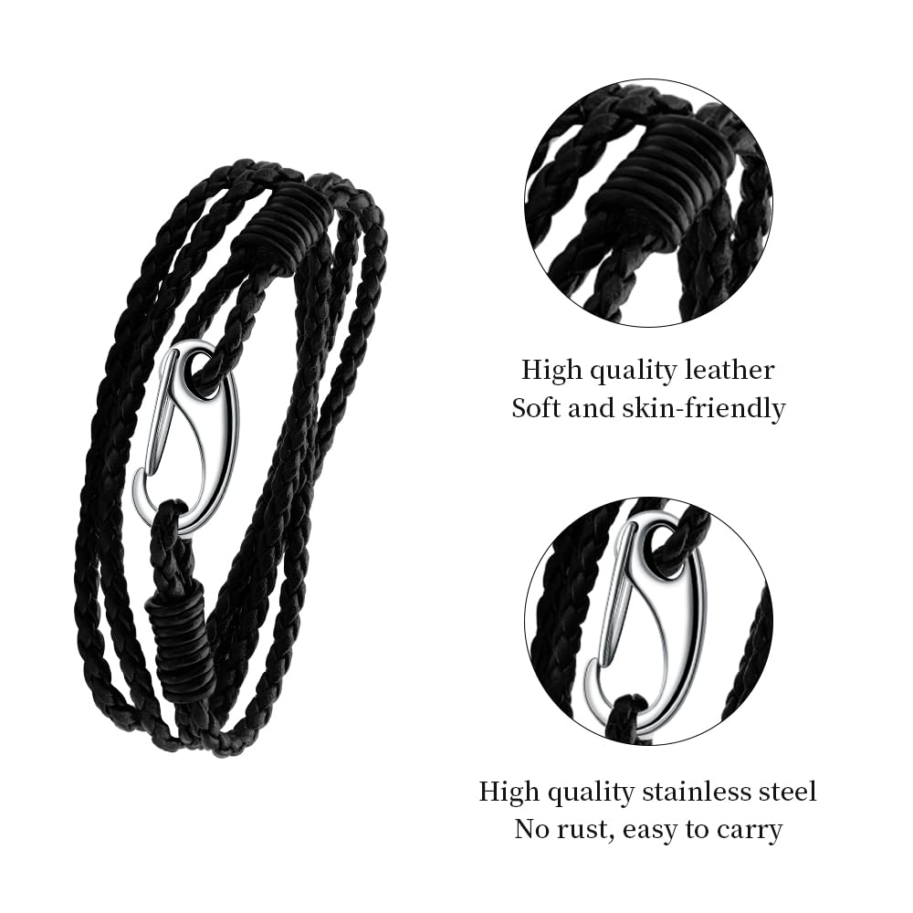 JEVINDA Leather Bracelet Unisex Braided Leather stainless steel Clasp 7.5/7.8 Inches optional multi-layered bracelet for Women and Men With gift box (Black, 7.5 Inch)