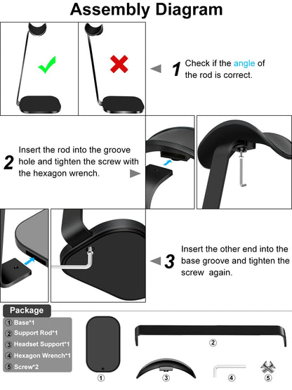 VICHYIE Headphone Stand for AirPods Max, Headset Holder with Aluminum Supporting Rod, Heavy Base Desk Stand Headphones Support Accessory for All Headphones - Black