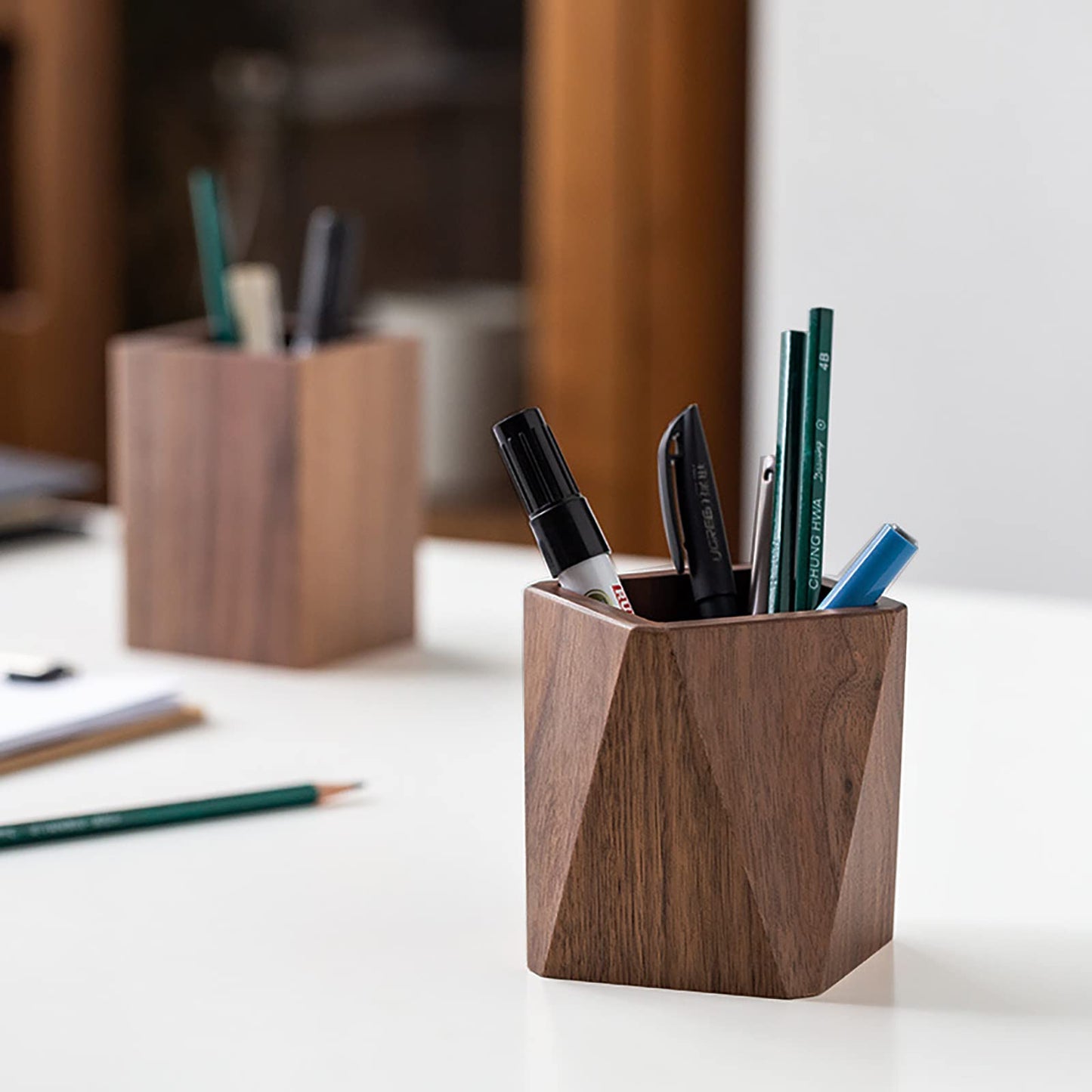 Soseelnee Black Walnut Wooden Pencil Box, Multiple-Use Desk Writing Stationary Organizer Wood Pen Holder Cups Office School Supplies Storage (Prismatic Shape)