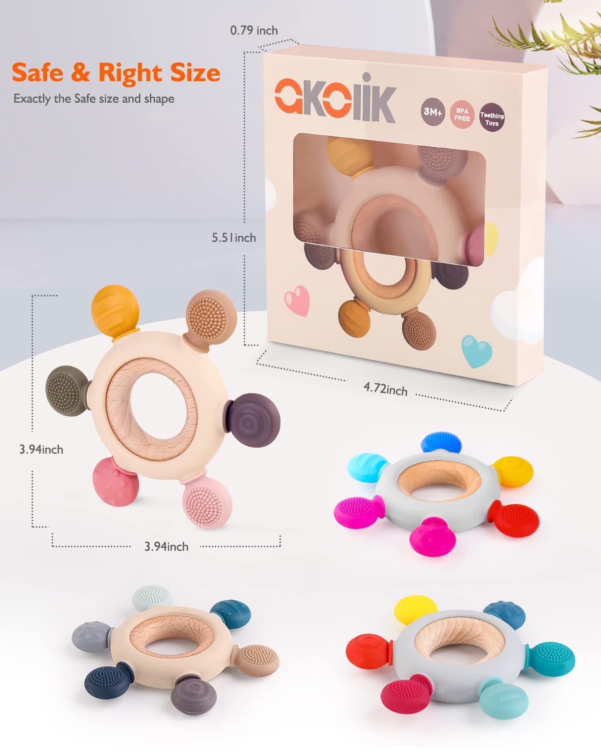 akolik Teething Toys for Babies, Baby Teethers Toy Teething Ring Silicone, Grasping Teething Toy, BPA Free Teething Newborn Accessories for Baby 0 3 6 9 12 18 Months (Pink)