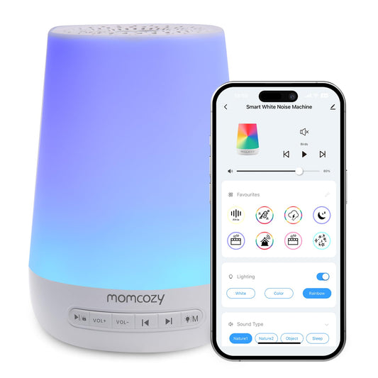 Baby Sound Machine, Momcozy White Noise Machine for Baby Sleeping with Night Light, Toddler Sleep Trainer with 34 Soothing Sounds, Timer, App Remote Control, Personal Sleep Routine (Blue)