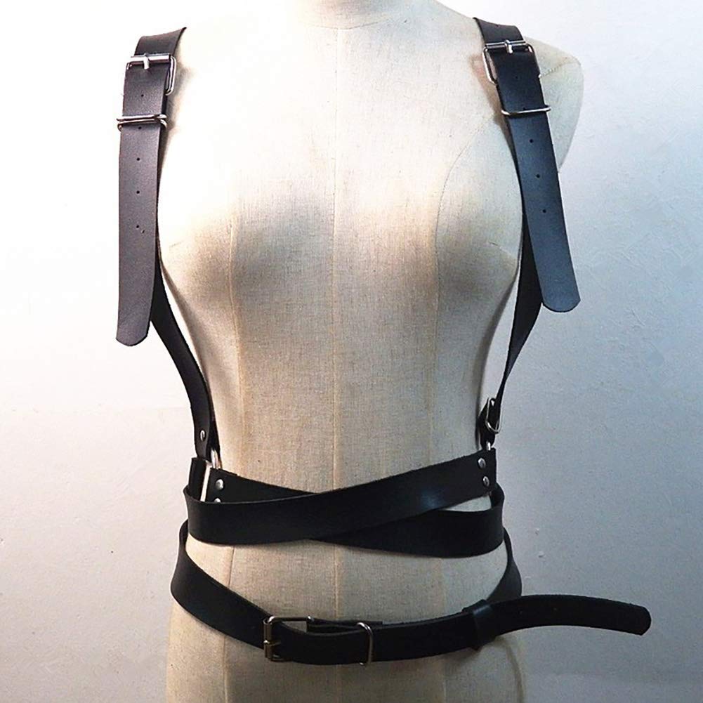 Pinwe Leather Body Chest Straps Punk Harness Caged Waist Belt Gothic Body Chain Strappy Adjustable for Women(PW003)