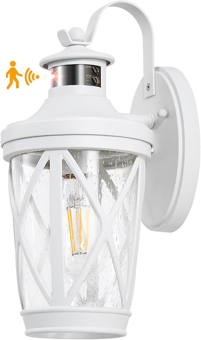 VIANIS Motion Sensor Outdoor Wall Light Fixtures, White Modern Front Porch Lights Wall Mount, Waterproof Anti-Rust Outdoor Lanterns Wall Sconce with Seeded Glass, Exterior Coach Light for Garage,Patio