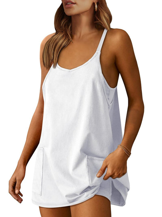 ANRABESS Women Athletic Dress Summer Tennis Workout Active Sports Mini Romper Dress Built in Shorts Travel Vacation Clothes White Medium