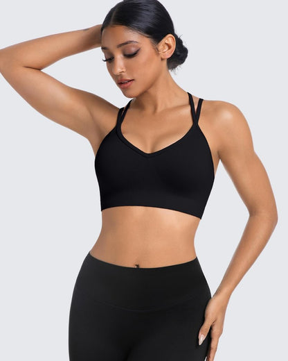UOOMON Sports Bras for Women V-Neck Strappy Sports Bra Padded Criss Cross Back Medium Support Workout Yoga Bra for Gym Athletic Fitness 3 Pack