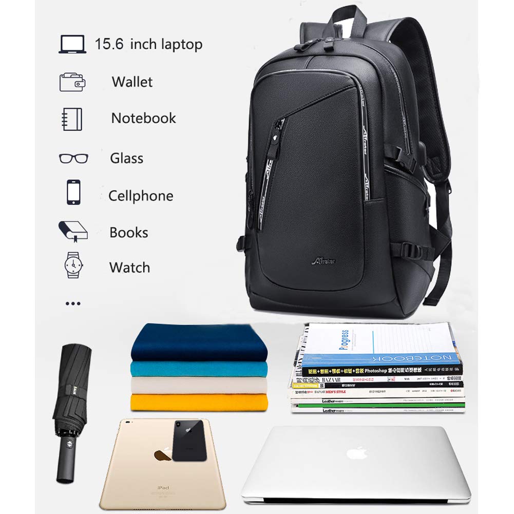 DYJ Vegan Leather Laptop Backpack for Men, Faux Leather Vintage Weekend Travel Daypack with USB Charging Port Fit 17 Inch Laptops