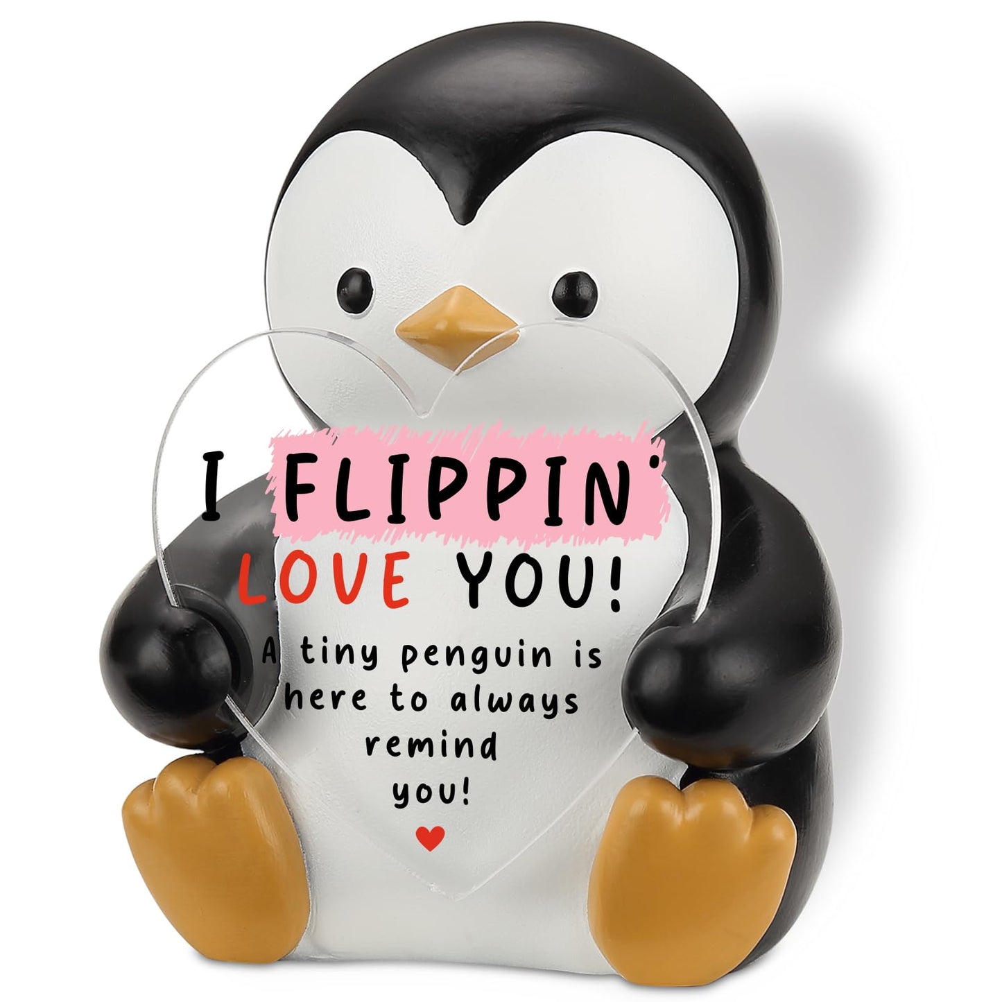 I Flippin’ Love You Penguin Figurine with Heart Plaque, Cute Penguin Collectible Desk Sign, Sentimental Gift for Friend, Family, Coworker, Birthday, Christmas, Anniversary Keepsake ES018