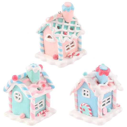 3Pcs Pastel Gingerbread House Ornaments for Christmas Tree Decorations Lighted LED Macaron Color Clay Hanging Candy House Ornament with Rope for Xmas Holiday Party Home Decoration