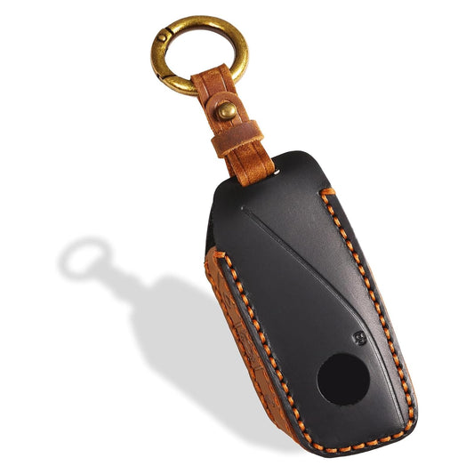OLLEN Screws-Free Genuine Leather Key Fob Cover Fit for BMW 2023-2025~up New 5/7 Series 740i 760i X1 X2 X3 X5 X6 X7 XM IX IX3 I5 I7 etc, with Key Ring, Black