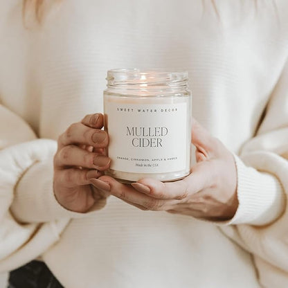 Sweet Water Decor Mulled Cider Candle - Fall Scented with Cinnamon, Icing and Cinnamon Buttery Pastry for Home - Fall Soy Candle with 40 Hours Burn Time - 9Oz Gold Lid Clear Jar Mulled Cider Scents