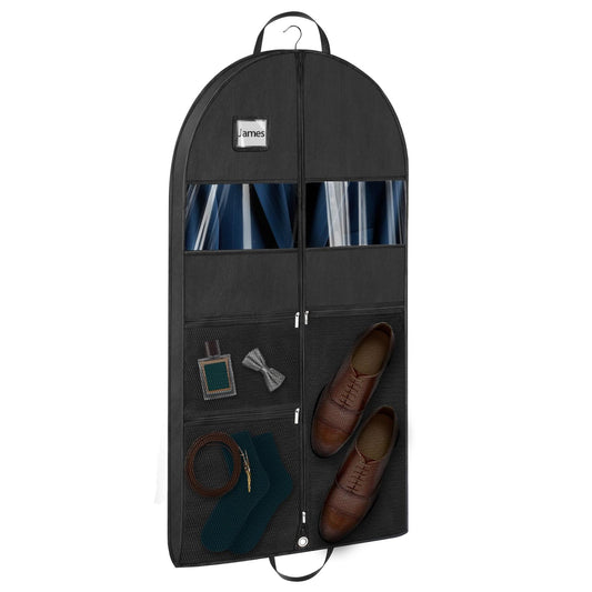 Mber 43" Gusseted Heavy Duty Garment Bags for Travel with Accessories Zipper Pocket Shoe Storage, Hanging Clothes Travel Bag for Dresses, Suit, Coats, Tuxedo, Gowns Travel Essential, Black, 1 pack