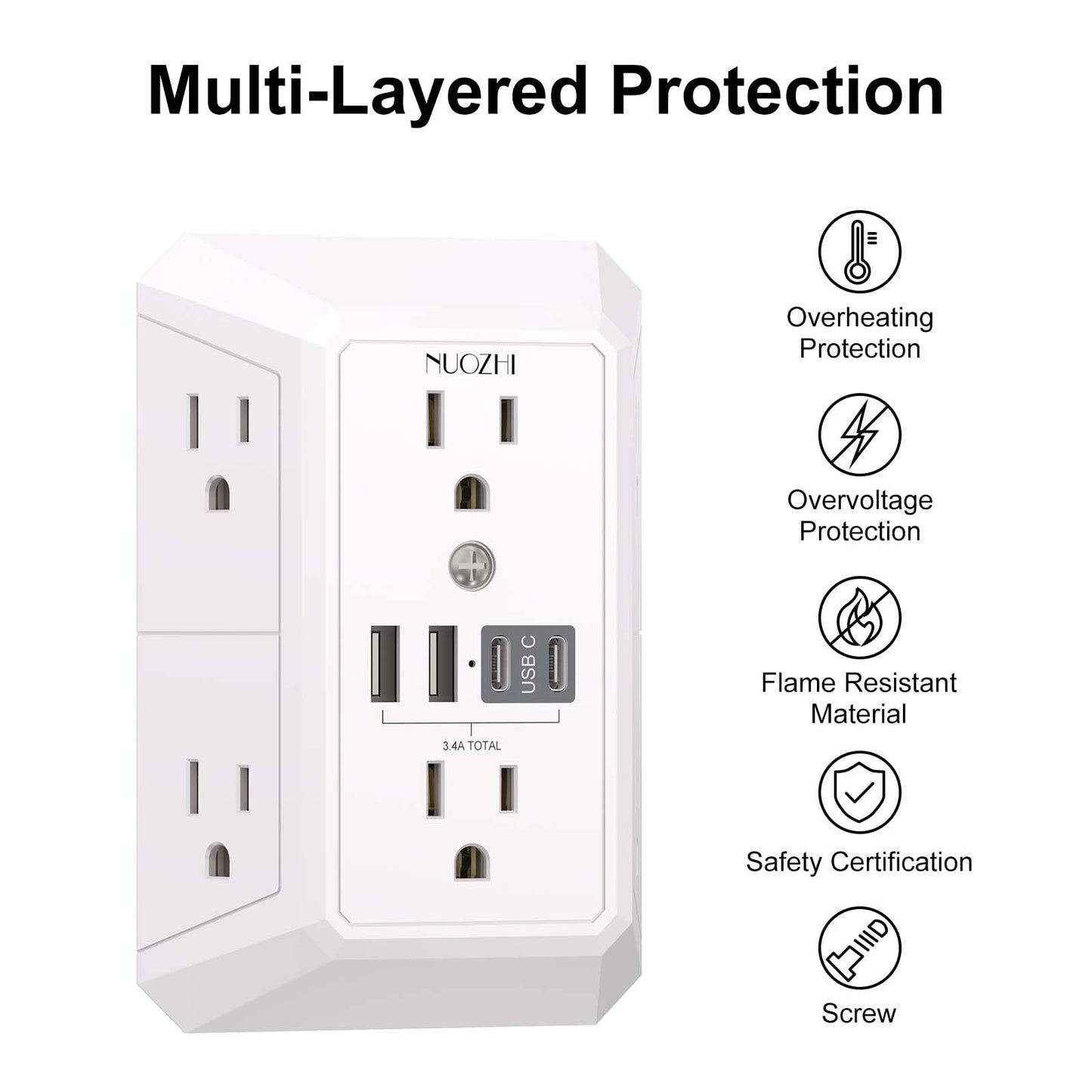Outlet Extender Surge Protector - NUOZHI 6 Outlet Splitter with 4 USB Ports(2 USB-C), Multi Plug Wall Outlet 1680J Power Strip for Home Office Dorm Room Essentials, ETL, White
