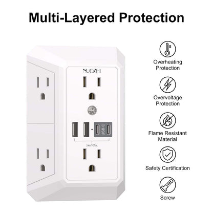 Outlet Extender Surge Protector - NUOZHI 6 Outlet Splitter with 4 USB Ports(2 USB-C), Multi Plug Wall Outlet 1680J Power Strip for Home Office Dorm Room Essentials, ETL, White