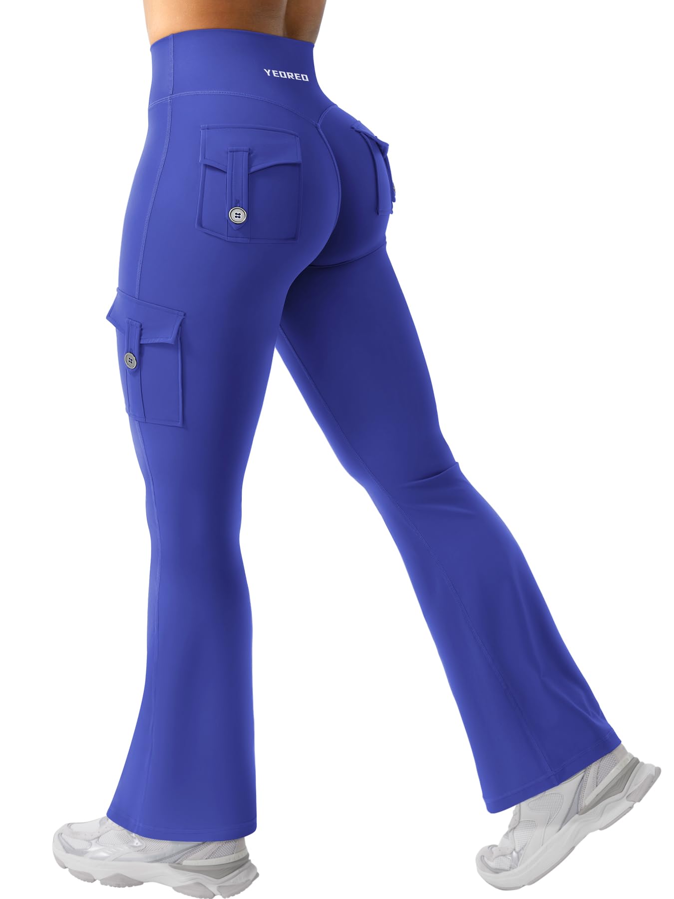YEOREO CoreFlex Women Workout Flare Leggings with Pockets Scrunch Cargo Gym Yoga Leggings 28" Inseam Dazzling Blue S