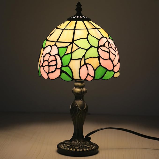 Small Tiffany Table Lamp,3 Color Temperature Pink Rose Stained Glass Table Lamps for Living Room, Dining Room,Bedroom Bedside Nightstand Night Light,W/LED Bulb,8X8X15Inch
