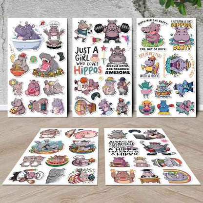 Hippo Stickers 50 Pieces Vinyl Waterproof Decal for Laptop Water Bottle Phone Car Window Bike Motorcycle Stakeboard Scrapbook Hippos Sticker Gifts for Kid Teen Adult