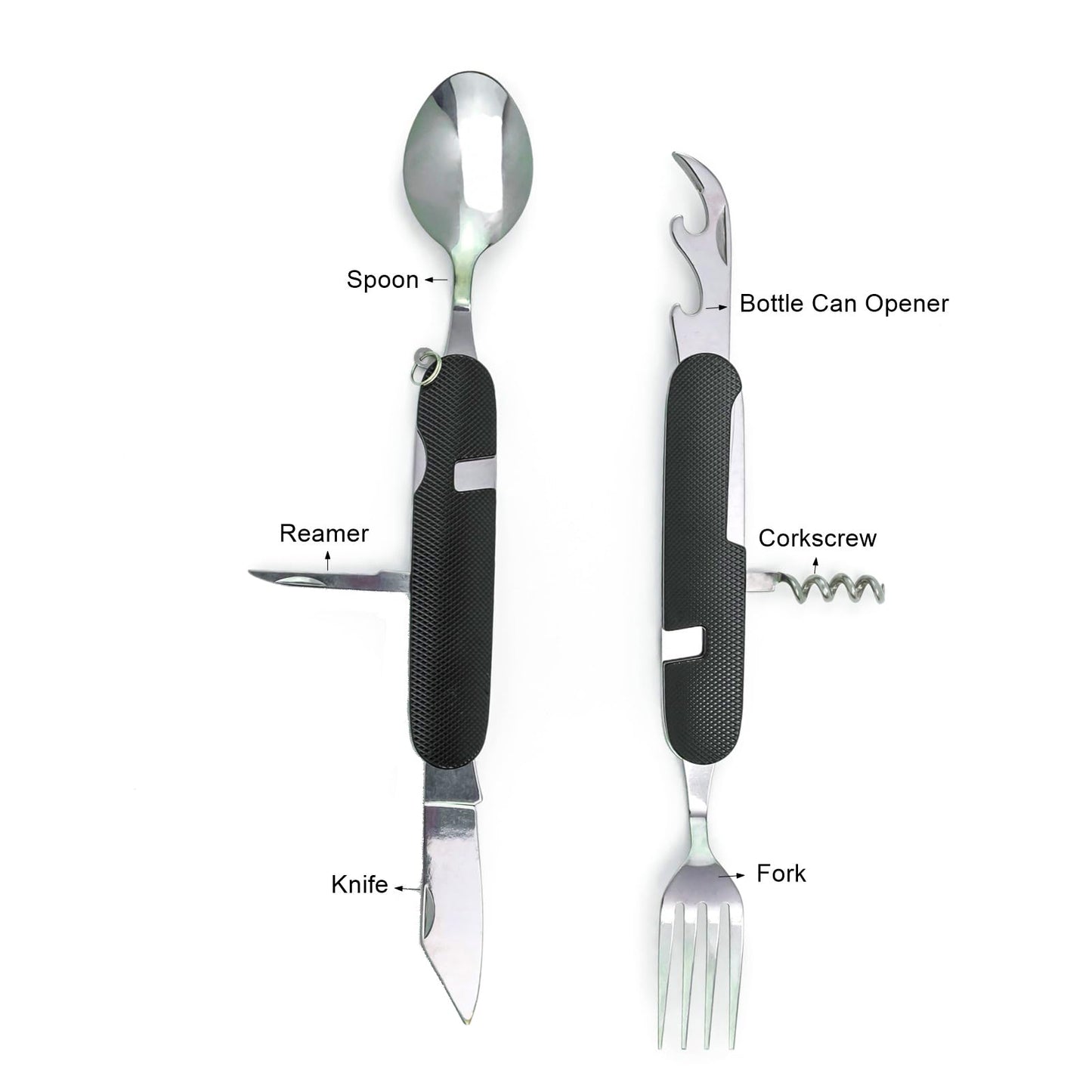 6-in-1 Multi-Function Camping Utensil Flatware Set Detachable Spoon Fork Knife Combo Mess Kit with Carrying Pouch (Black + Gold + Green)