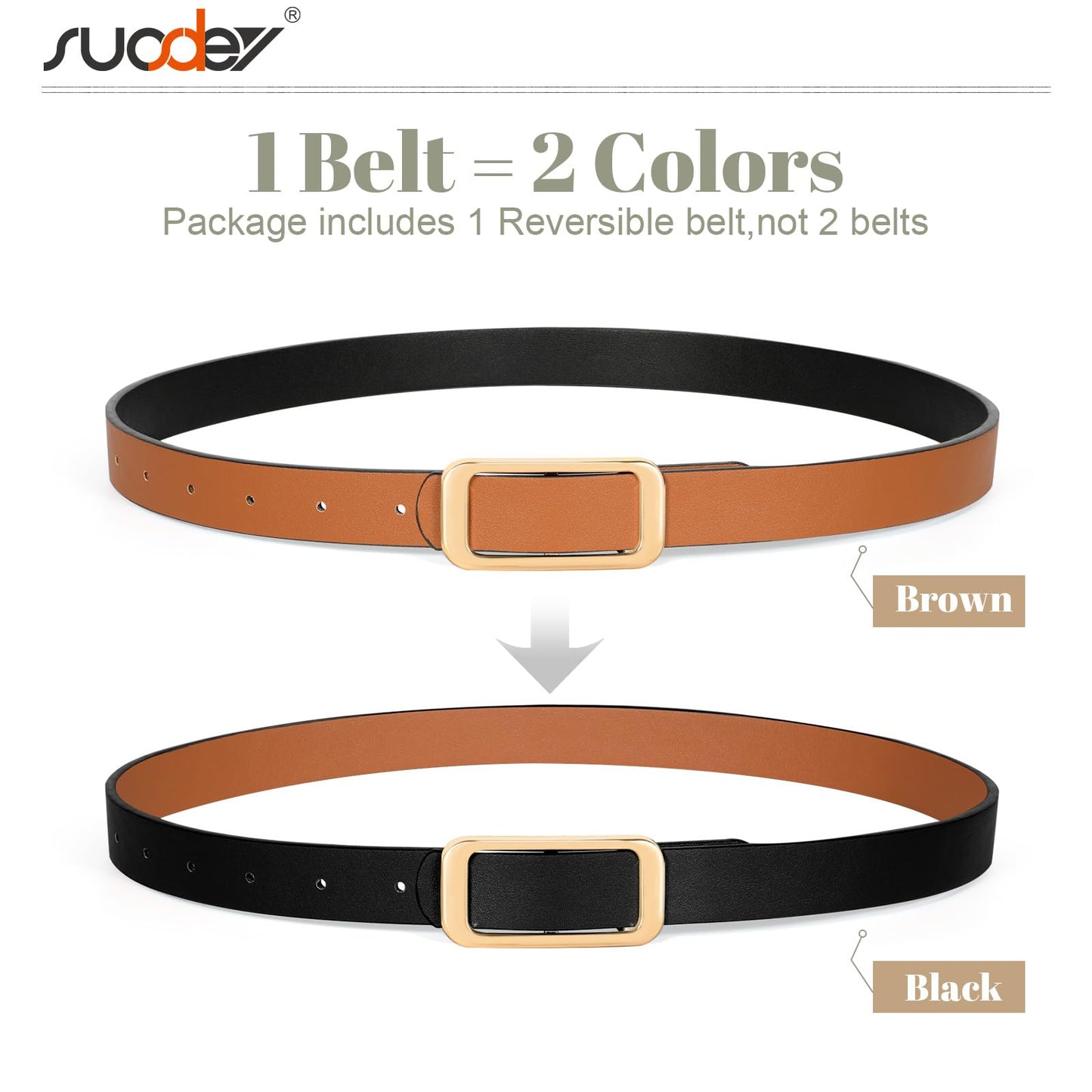 SUOSDEY Women Reversible Leather Belts for Jeans Pants Dresses Ladies Fashion Belts with Gold Buckle,Width 0.9"