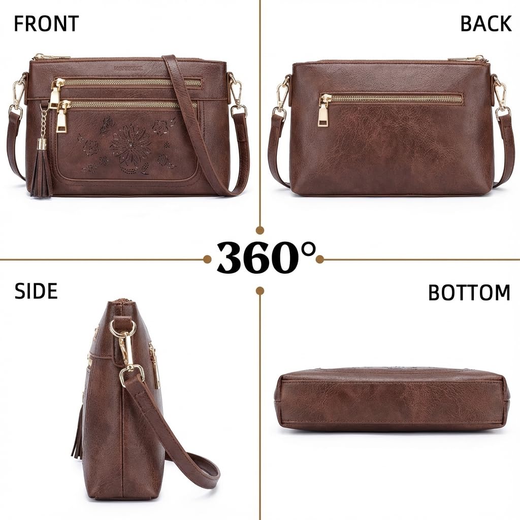 HAYRVANE Crossbody Bags for Women,Vegan Leather Cell Phone Purse with Tassel Multi Pocket Travel Shoulder Handbags Coffee