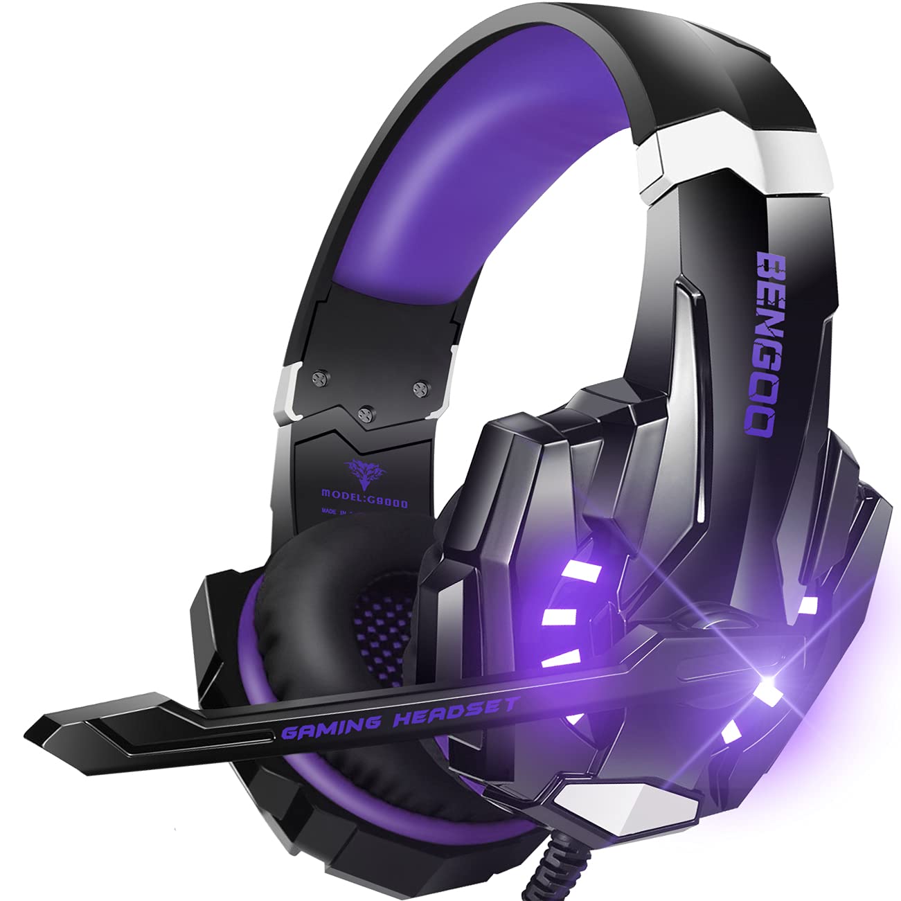 BENGOO G9000 Stereo Gaming Headset for PS5, PS4, PC, Xbox One Controller, Noise Cancelling Over Ear Headphones with Mic, LED Light, Bass Surround, Soft Memory Earmuffs - Purple