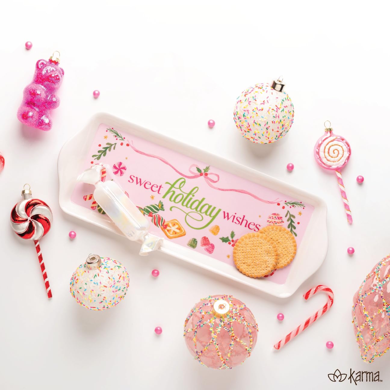 Karma, Melamine Holiday Trinket Tray, Narrow Christmas Jewelry Dish Tray for Rings Bracelets Necklace, Holiday Sweets