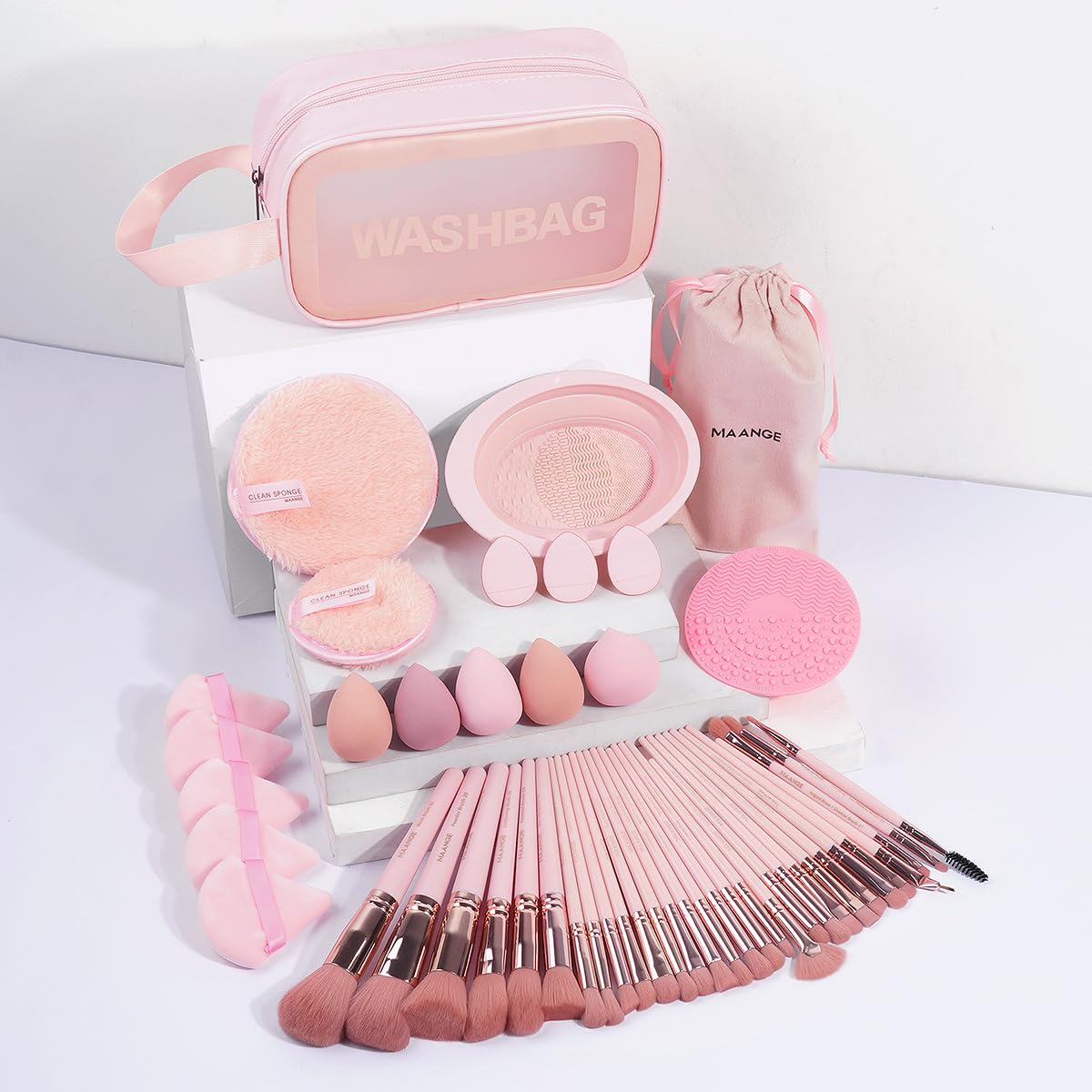 MAANGE 30pcs Professional Makeup Brush Set With Velvet Bag&5pcs Beauty Blender&2pcs Makeup Remover Puff&5pcs Triangle Powder Puff&3pcs Mini Thumb Puff&Toiletry Bag&2pcs Cleaning Mat (Blacksliver)