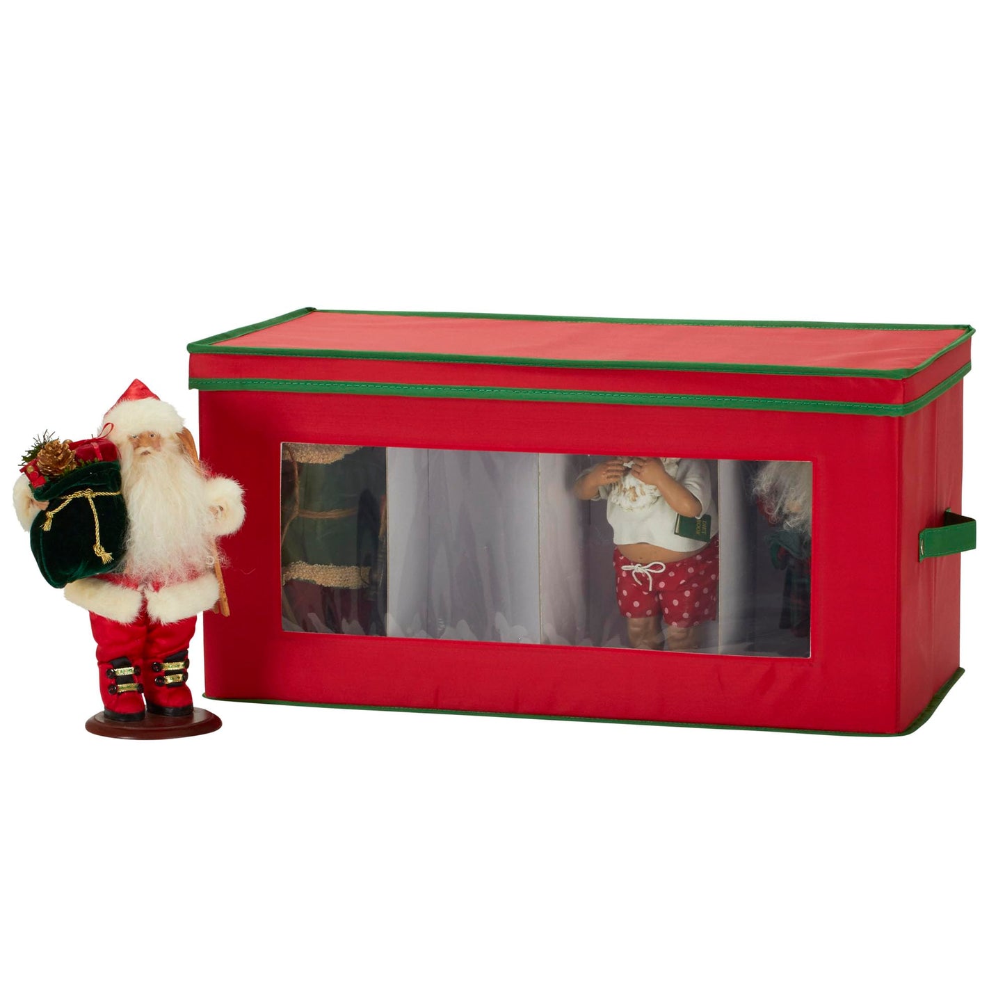 Household Essentials Holiday Figurine Storage Box, Windowed Storage with Lid, 8 Storage Compartments, Double Handles, Red with Green Trim
