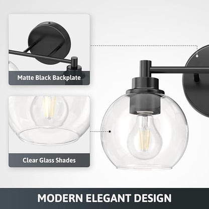 VONLUCE Bathroom Light Fixtures, 2-Light Bathroom Vanity Light with Globe Glass Shades E26 Sockets, Vanity Lights for Bedroom Hallway Living Room, Black Finish