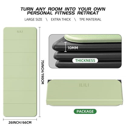 ILILI Foldable Yoga Mat, 10mm Thick, TPE Material, Extra Long 75"L x 26"W, Soft and Comfortable Folding Mat 0.4 Inches, Easy to Carry and Store, 190*66cm Portable Multi-Functional Use for Yoga, Home Exercise & Outdoor (Matcha Green+Black)