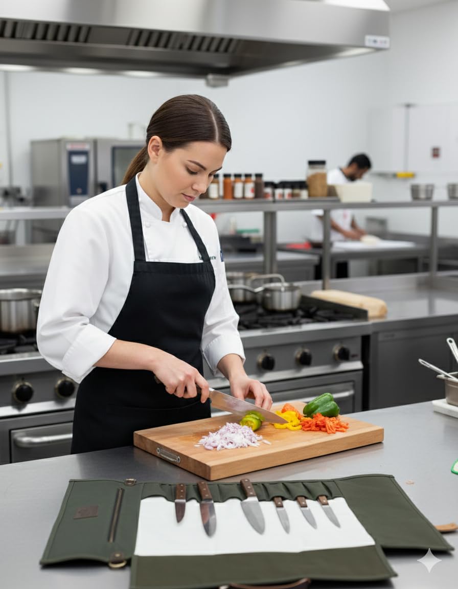 EVERPRIDE Stunning Waxed Canvas Roll Bag in Rich Dark Green w Genuine Leather Trim. Handsome Professional Chef Knife Roll Bag with upto 14" Knives and Storage Compartments A Super Gift
