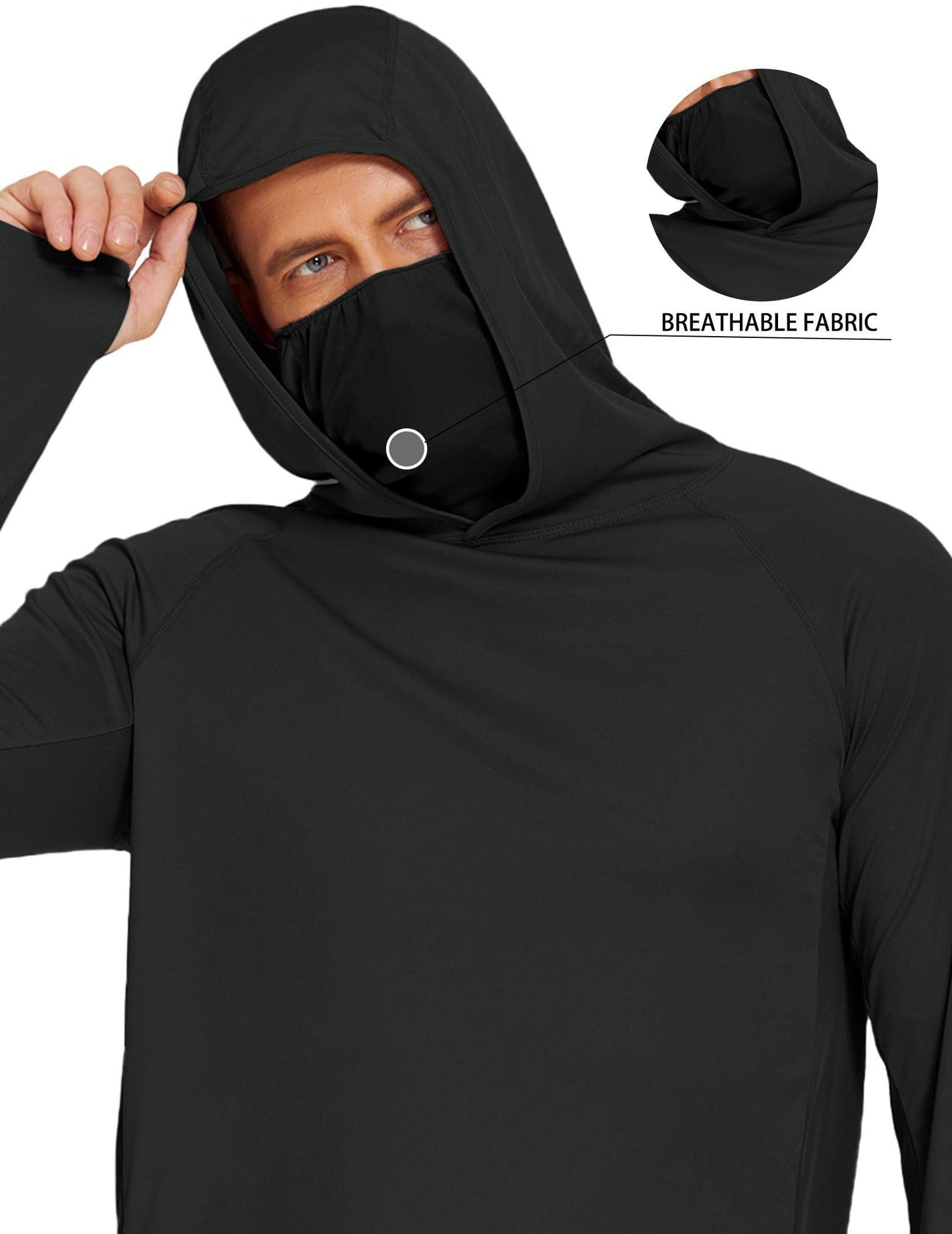 COOrun Men's Hooded Sun Shirts with Mask Fishing Shirts for Men Long Sleeve UPF 50 Rash Guards Cooling Hoodies Hiking Shirts Solid Black
