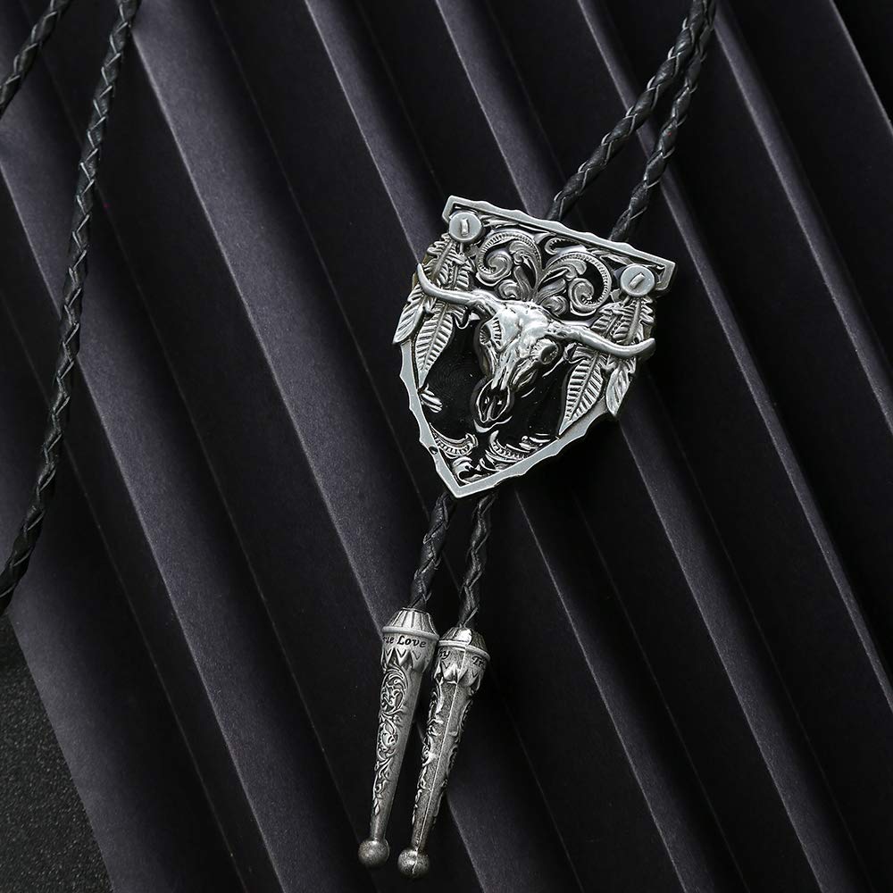 joymiao Leather Bolo Tie Vintage Adjustable Cowboy Neck with Round Silver Pendant Handmade Western Cow Skull Design Necktie