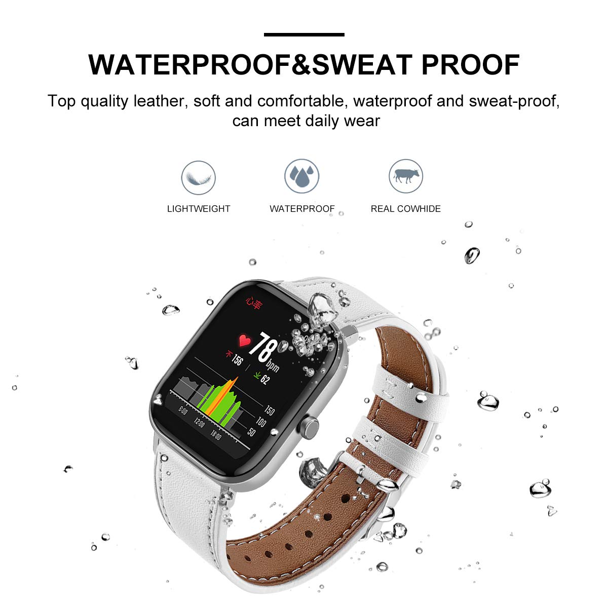 FitTurn Leather Band Compatible with Veryfit IDW13 IDW16 IDW17 IDW19 IDW20 IDW21 IDW23 IDW25 IDW26 IDW28 Smart Watch Genuine Leather Replacement 22MM Sport Wrist Strap Bracelet with Stainless Metal Buckle (Pink,White)