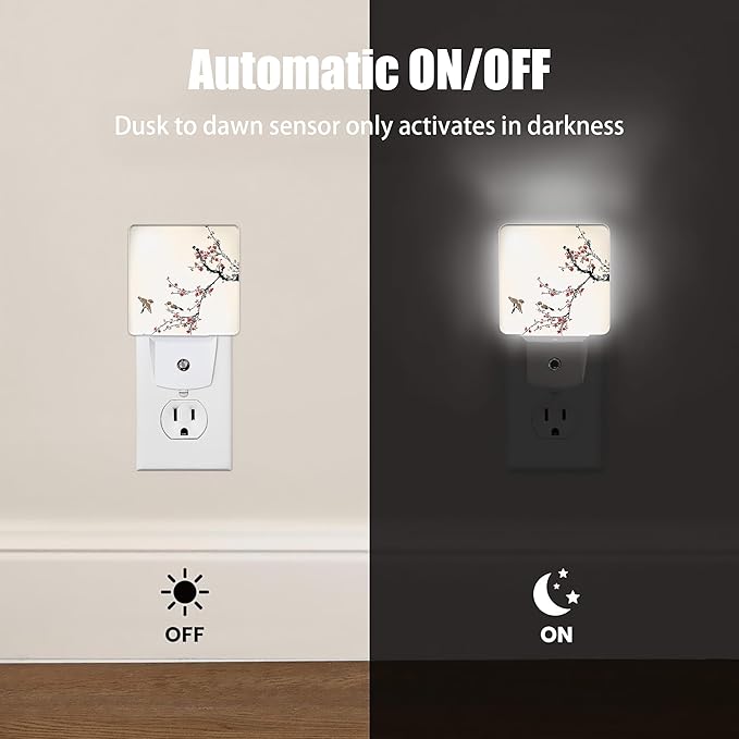 Retro Bird Night Light, Cherry Blossoms Night Lights Plug into Wall Decor for Bedroom, Bathroom, Hallway, Kitchen, Dusk to Dawn Sensor Nightlights for Boys Girls Women Men Room Gifts