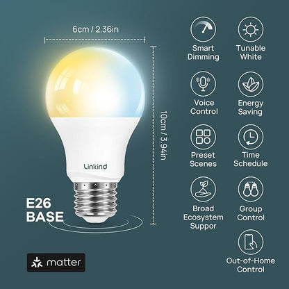 Linkind Matter Smart Light Bulb, Soft White to Daylight Tunable Alexa Light Bulbs, Smart Bulbs Work with Apple Home, Alexa, Google Home, SmartThings, 2.4GHz Wi-Fi LED, A19 E26, 800LM, 60W (4-Pack)