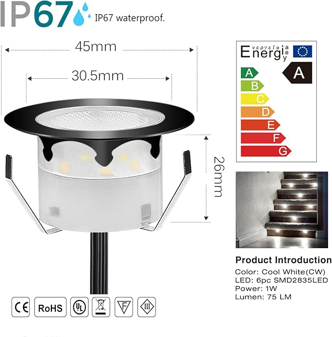 Deck Lights Outdoor Waterproof Low Voltage Lighting Kit Stainless Steel 1W Outdoor Yard Garden Decoration Lamps Landscape Pathway Patio Step Stairs Black Border(6pcs,Cool White)
