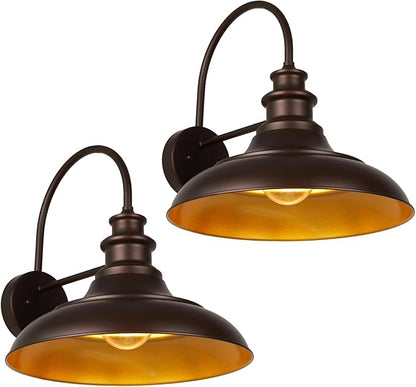 Outdoor Barn Light Fixtures, 16 Inch Large Dome Farmhouse Exterior Wall Mount Lights, Rustic Gooseneck Wall Sconces Indoor Wall Lighting, Industrial Bronze Gold Lanterns for Porch, Garage,2 Pack