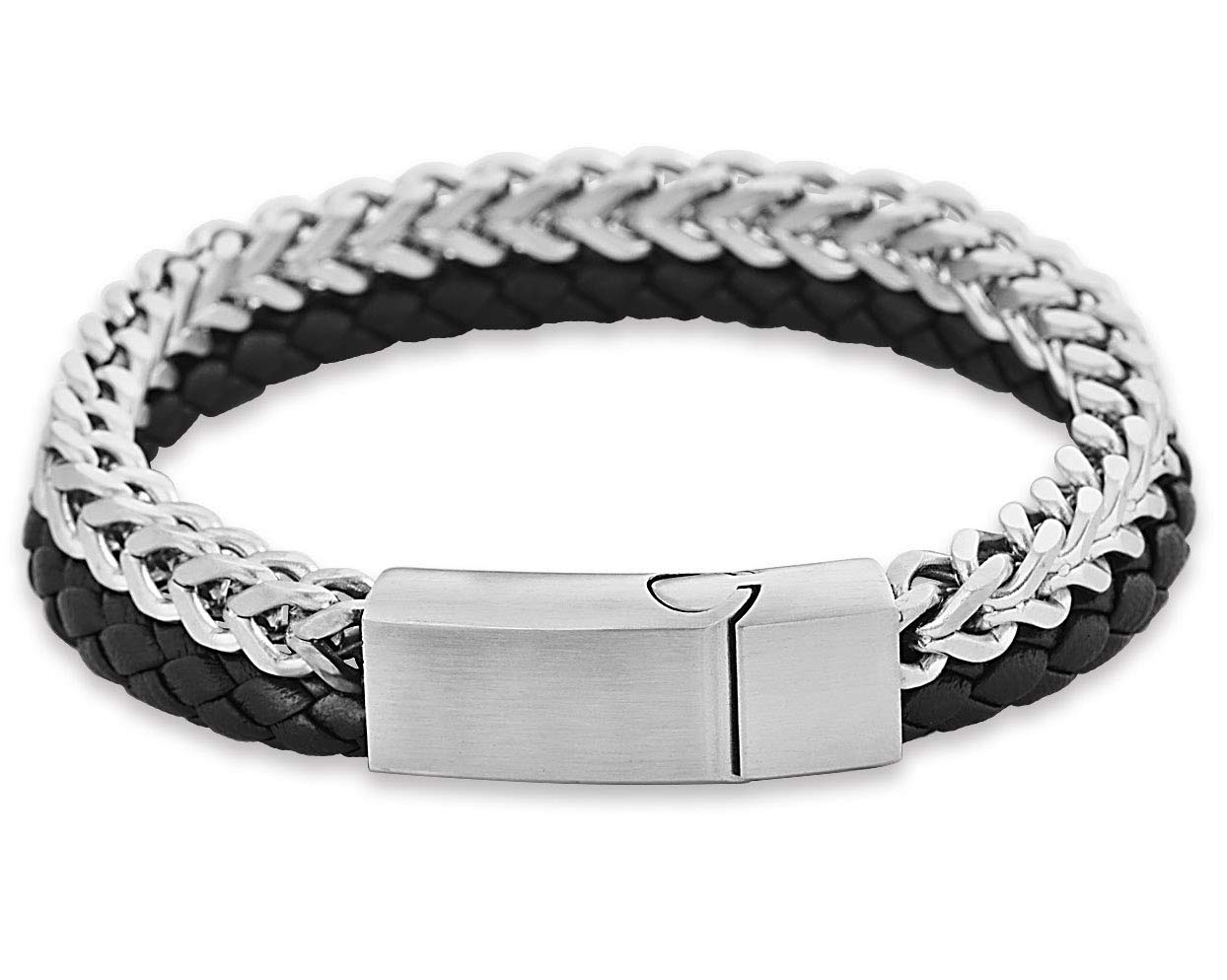 Edforce Stainless Steel Men's Two-Strand Braided Genuine Leather and Franco Curb Chain Bracelet (Silver)