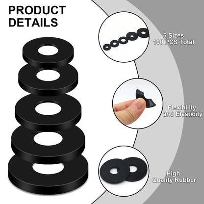 Black Flat Rubber Washers Assortment Kit 100 Pcs Set 16/18/20/25/30mm Heavy Duty Abrasion Resistant Vibration Damping Pads for Screws Plumbing Shower Head Garden Faucet