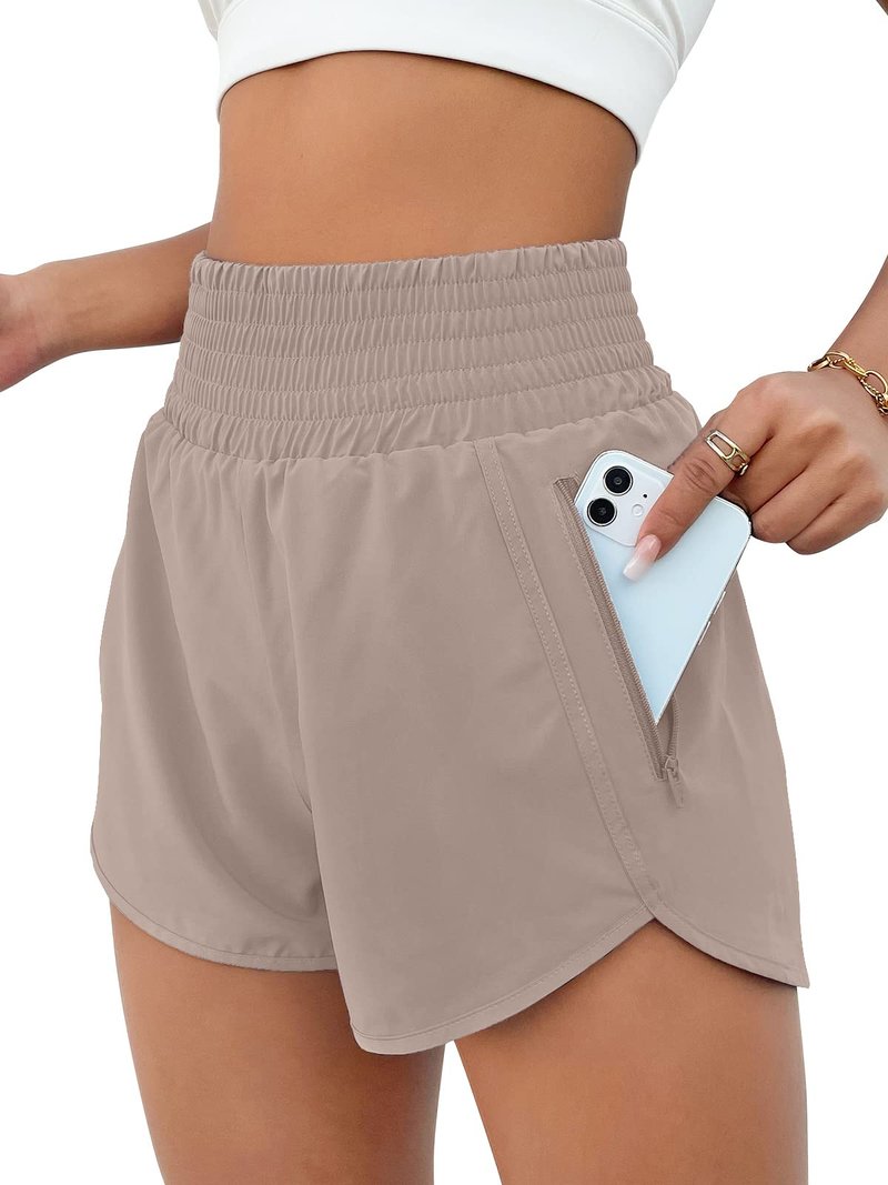 BMJL Women's Athletic Shorts High Waisted Running Short Pocket 2.5" Sporty Shorts Gym Elastic Workout Shorts(XS,Khaki)