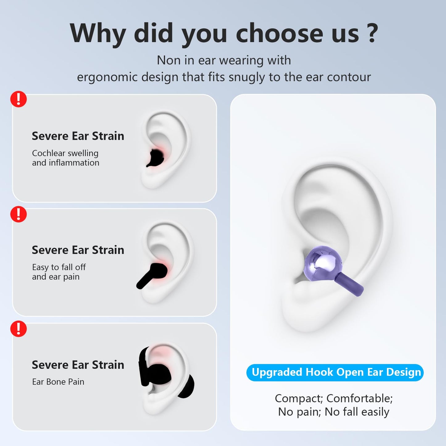 Open Ear Clip On Earbuds Intelligent Touch Color Screen Open Ear Wireless Bluetooth 5.4 Headphones Lightweight Comfort Sport Earbuds Built-in Mic IPX7 Waterproof Earphones for Running Fitness (Purple)