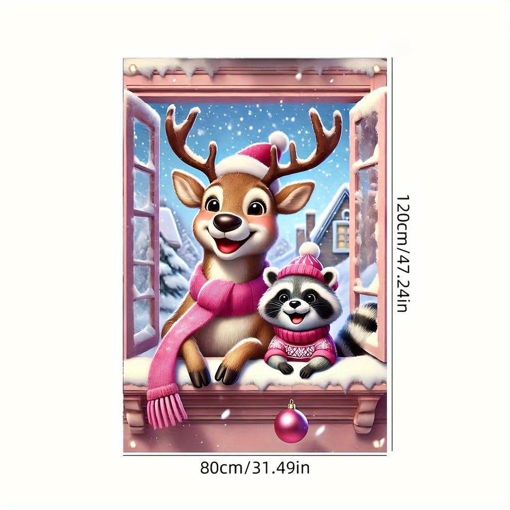 Tomhong Christmas Reindeer and Raccoon Window Banner 31x47 Inch Snowy Scene Holiday Decoration for Indoor Outdoor Home Wall or Window Display Cozy Christmas Decor