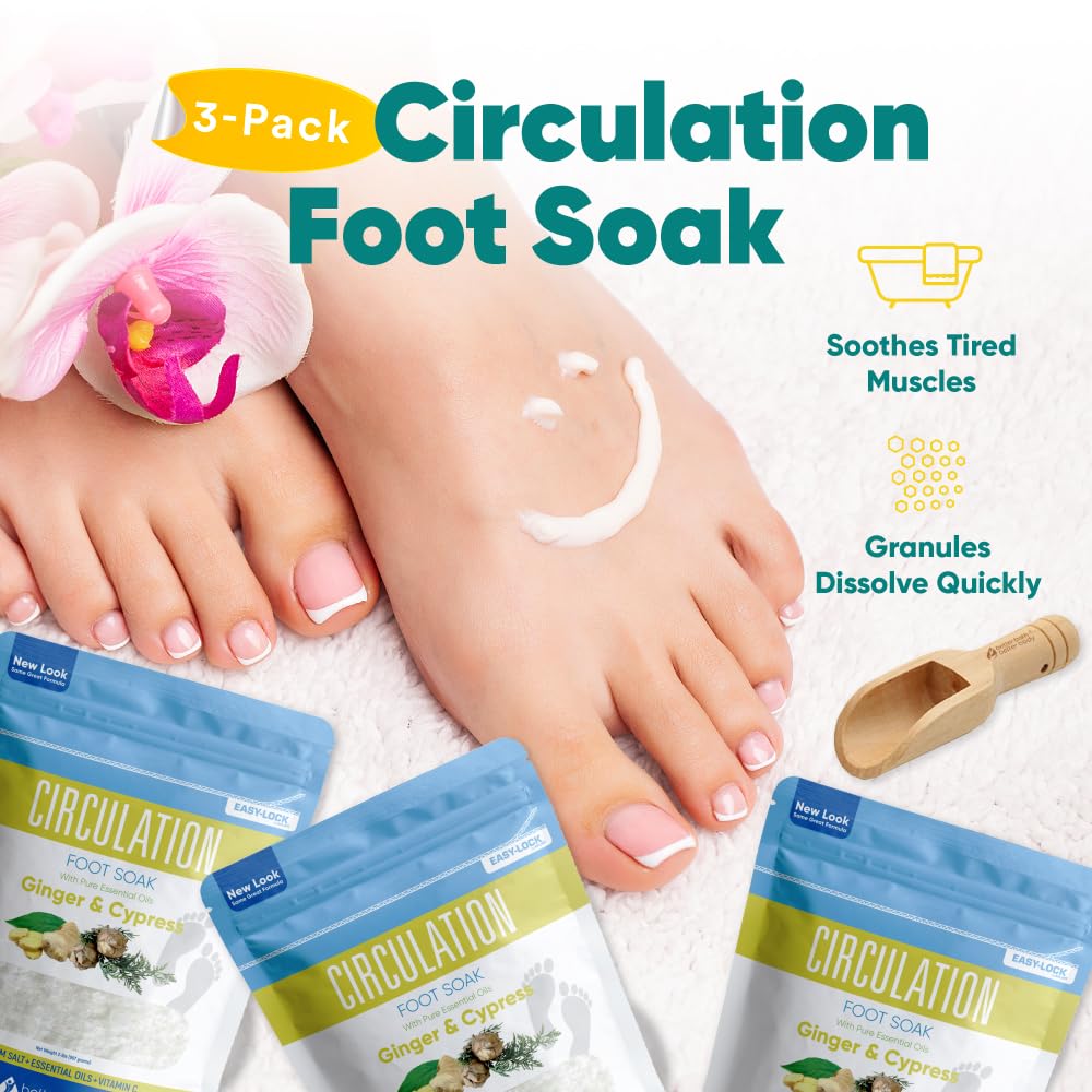 Circulation Foot Soak 32 Ounces (2 Lbs) Epsom Salt with Pure Essential Oils Ginger and Cypress Essential Oils Plus Vitamin C in BPA Free Pouch with Easy Press Lock Seal