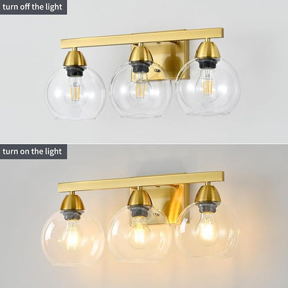 Bathroom Light Fixtures, 3-Light Brushed Gold Vanity Light with Hand-Blown Thick Glass Shades, High-End Clarity & Durability, Wall Sconce for Mirror, Bedroom, Hallway