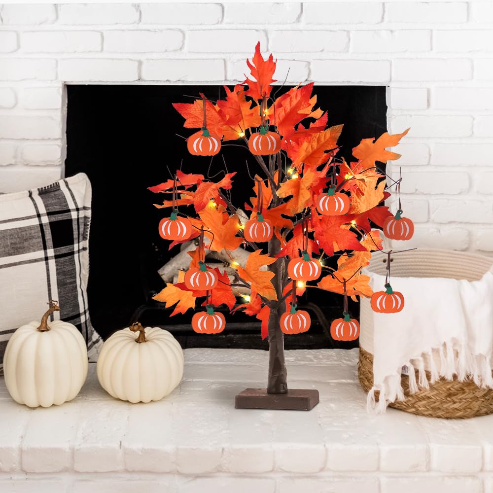 hogardeck Fall Decorations for Home, Thanksgiving Decorations, 24”2FT Lighted Maple Leaves Tree with 24 LEDs & 12 Wood Pumpkin Ornaments, Battery Powered Timer Artificial Trees for Autumn Table Decor