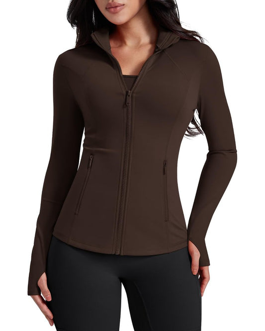 AVGO Womens Workout Jackets Lightweight Athletic Zip Up Jacket Slim Fit Running Gym Top with Pockets & Thumb Holes(Roasted Brown, XL)