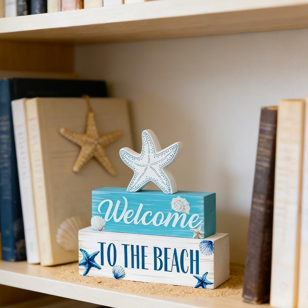 Beach Decorations for Home, MEETYAMOR 3-Layered Starfish Seashell Coastal Wood Block Beach Decor, TO THE BEACH Sign Ocean Decor for the Home, Table, Mantel